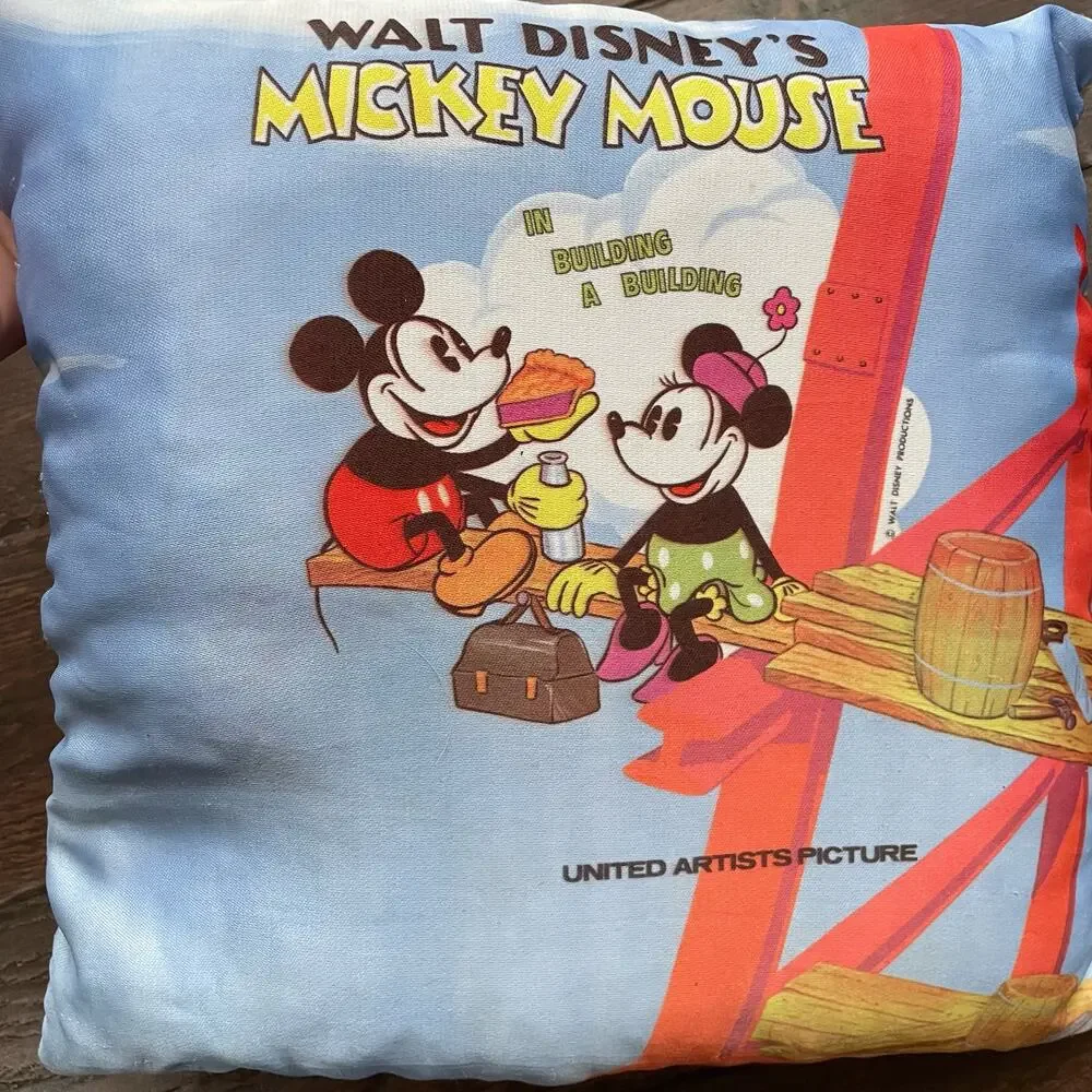 Vintage 1960s Disney Mickey Mouse Pillow Building A Building Throw RARE READ